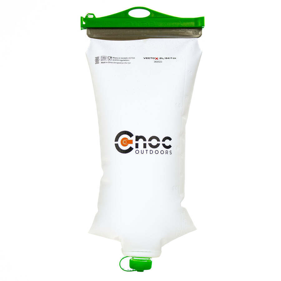 A transparent Cnoc VectoX 28mm water container with a bright green slider and cap