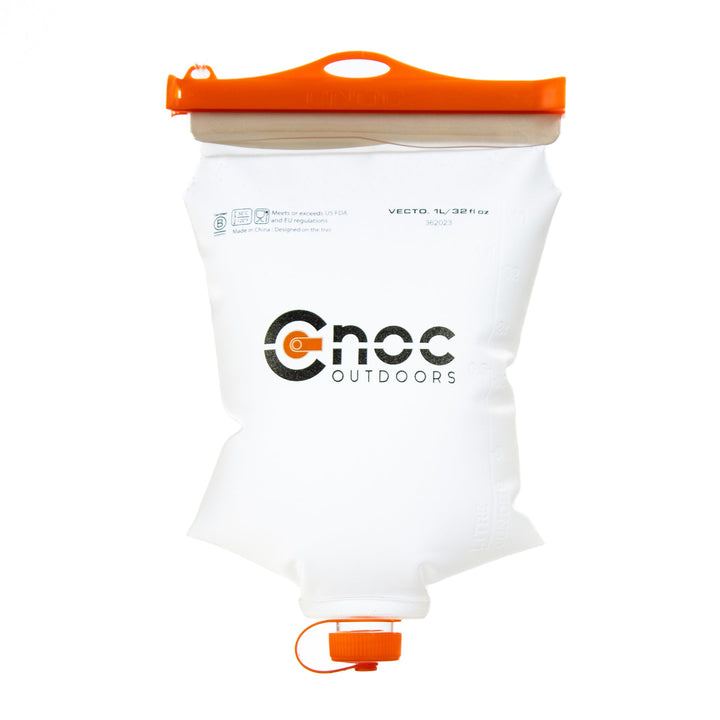 A transparent Cnoc Vecto 28mm water container with orange slider and cap