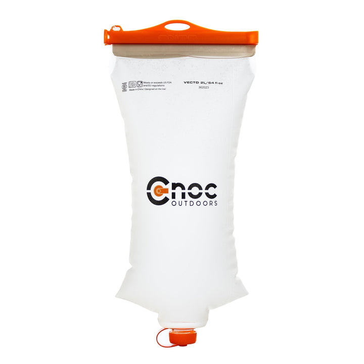 A transparent Cnoc Vecto 28mm water container with orange slider and cap