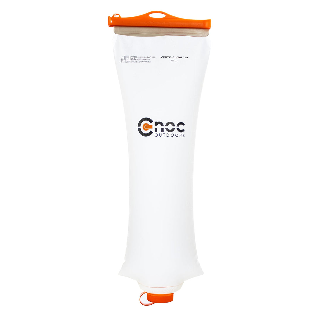 A transparent Cnoc Vecto 42mm water container with orange slider and cap