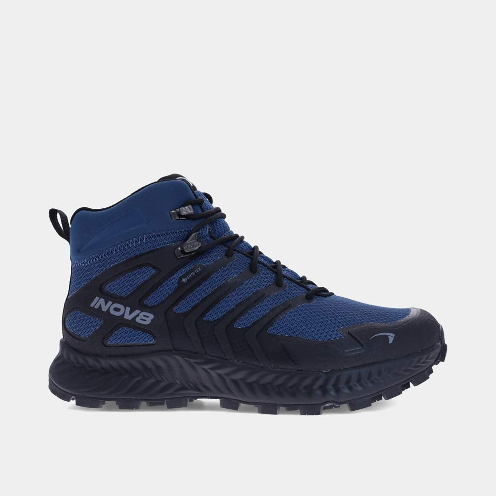 Blue and black hiking boot with INOV8 on a white background