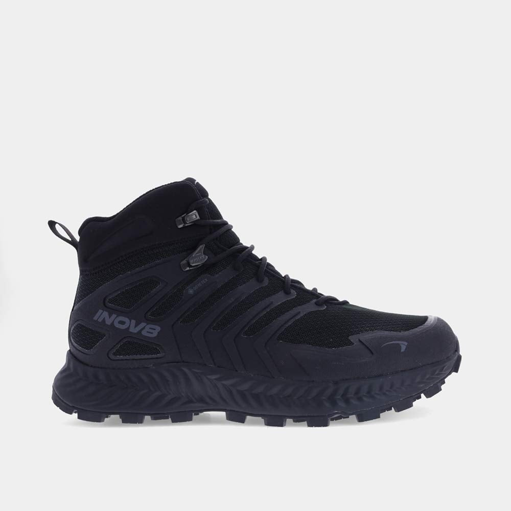 Black hiking boot with a visible Inov8 logo on a white background