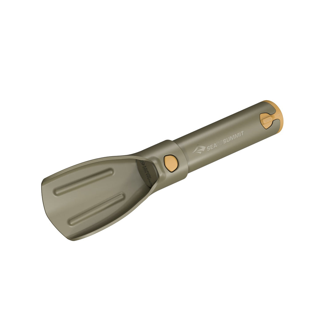 Brown plastic collapsible trowel on a white background
