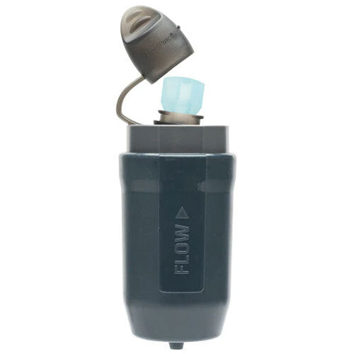 Close up of a grey water filter on a white background