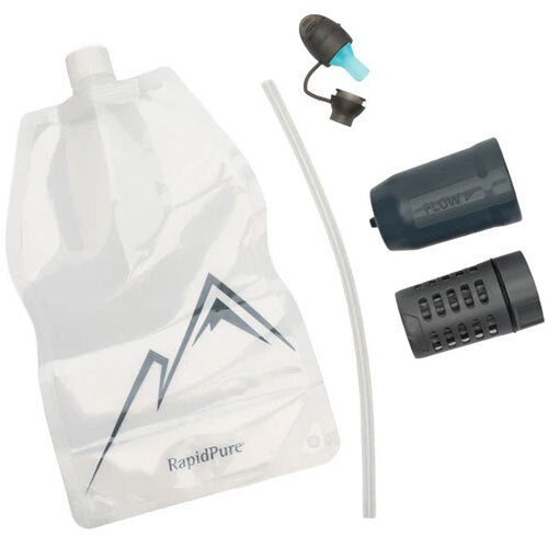 Pieces of a RapidPure Water Filtration System on a white background