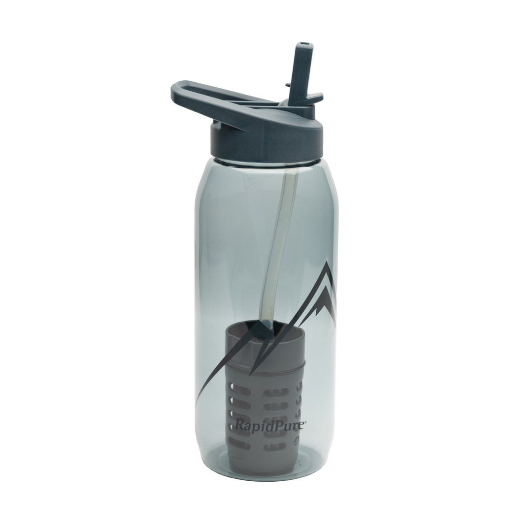 Clear water bottle with black lid and integrated filter