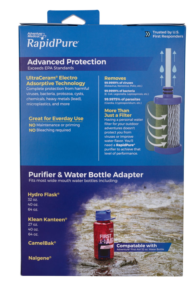 Reverse of RapidPure purifier and water bottle adapter packaging with product details.