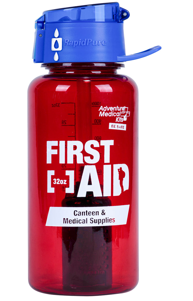 Red water bottle with a blue water purifier screwed into the top 