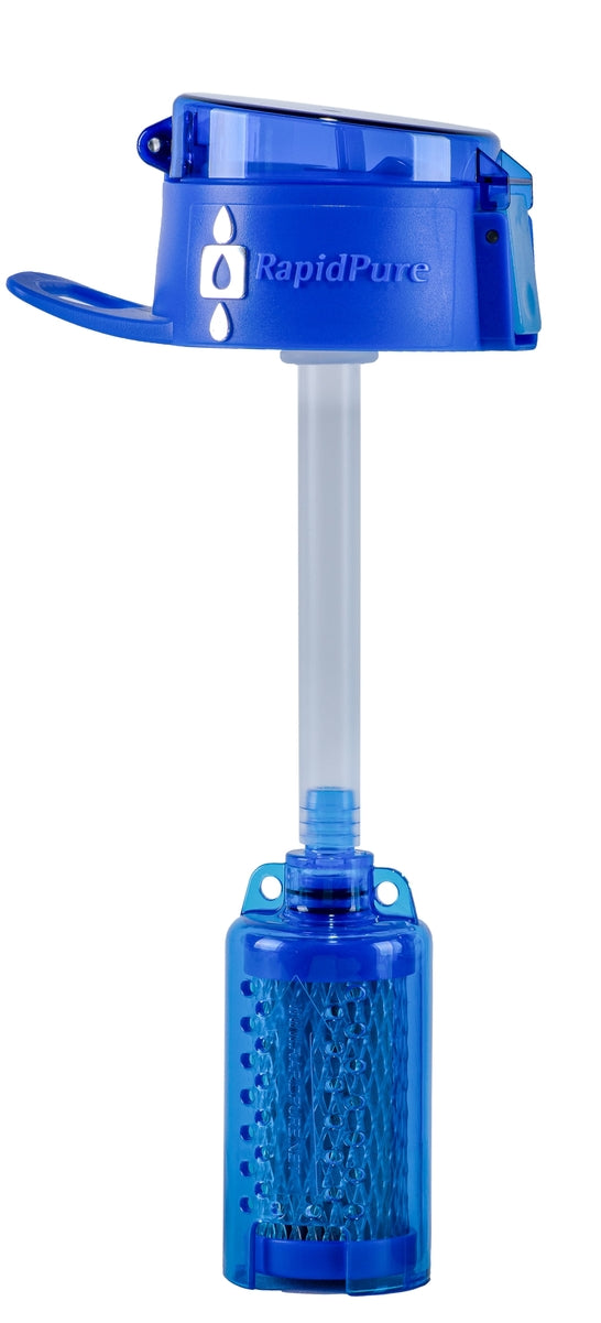 Blue RapidPure water filter on a white background