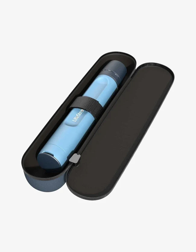 Blue cylindrical object with black band in a black case on a light gray background