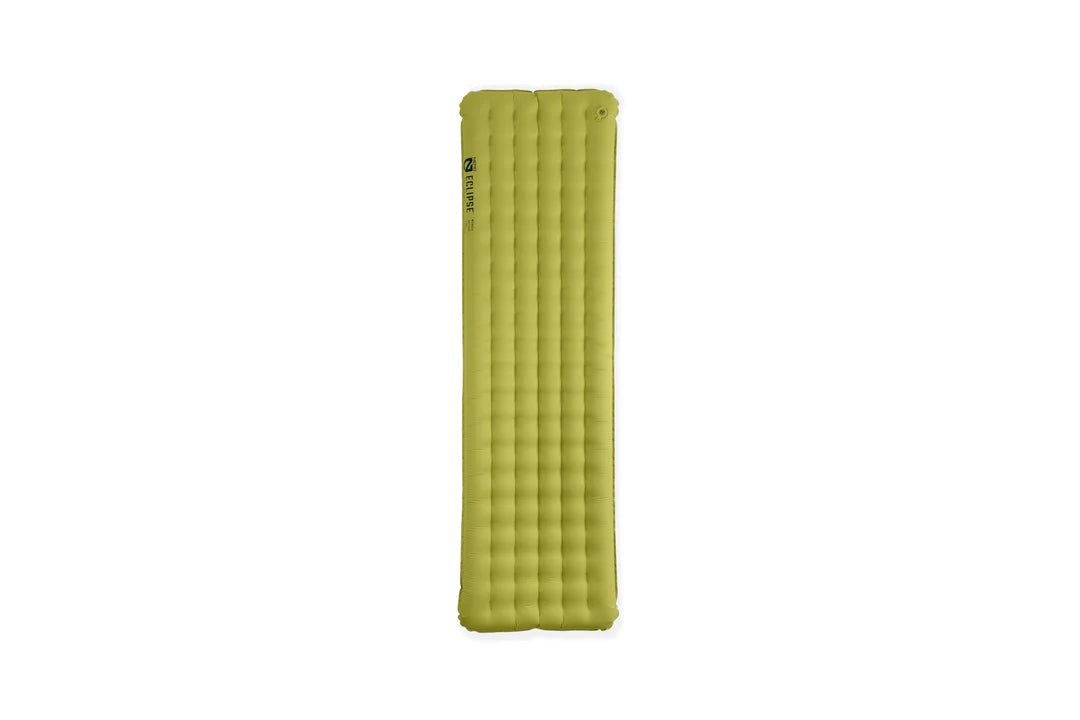 Green inflatable sleeping mat on a white background