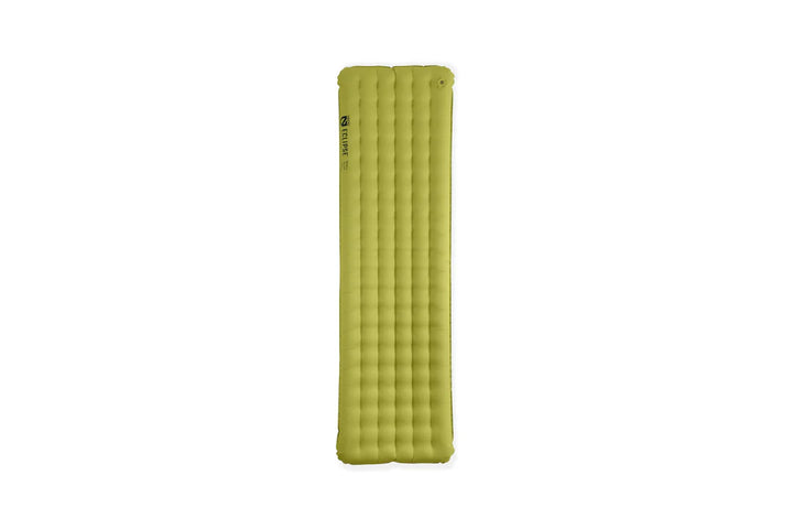 Green inflatable sleeping mat on a white background