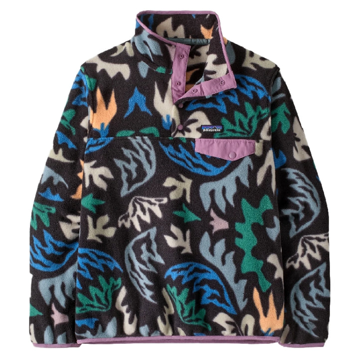 A Patagonia fleece pullover jacket with a dark charcoal base and a colorful abstract botanical pattern in blue, green, orange, pink, and beige. It features a purple button placket and a matching purple chest pocket.