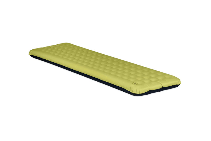 Green inflatable sleeping mat on a white background