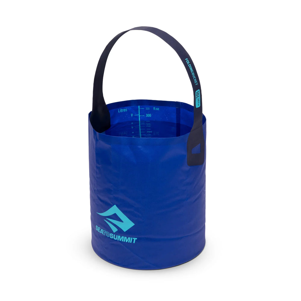 Blue collapsible bucket with handle on a white background