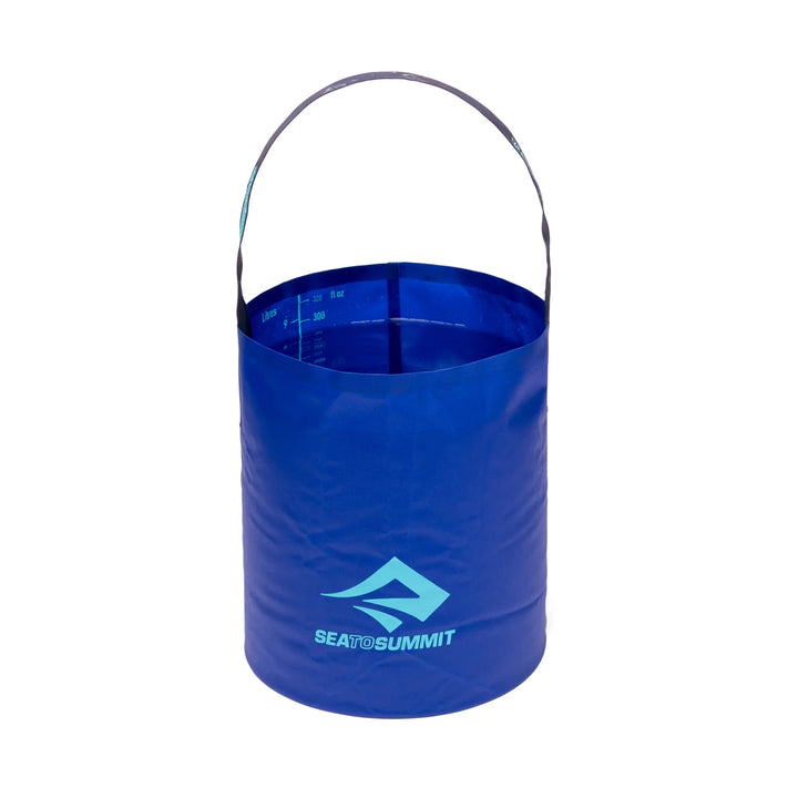 Blue collapsible bucket with handle on a white background, featuring Sea to Summit logo.