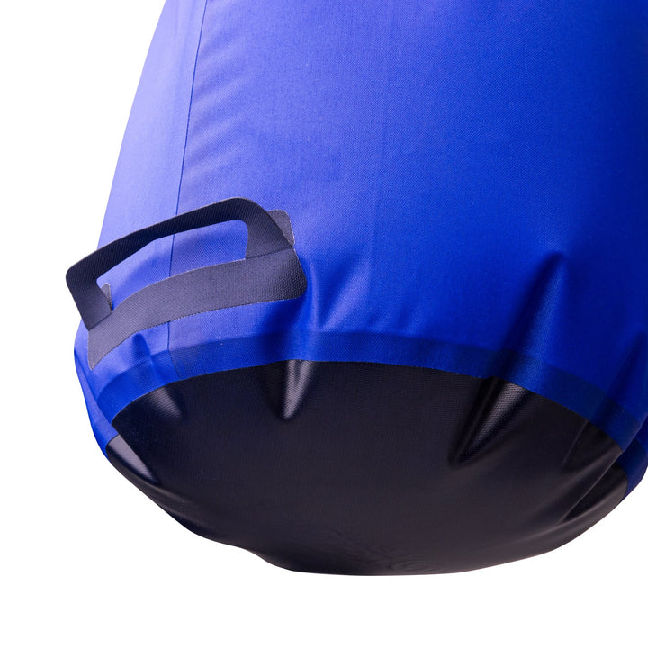 Close-up of a blue and black inflatable bucket with a handle on a white background