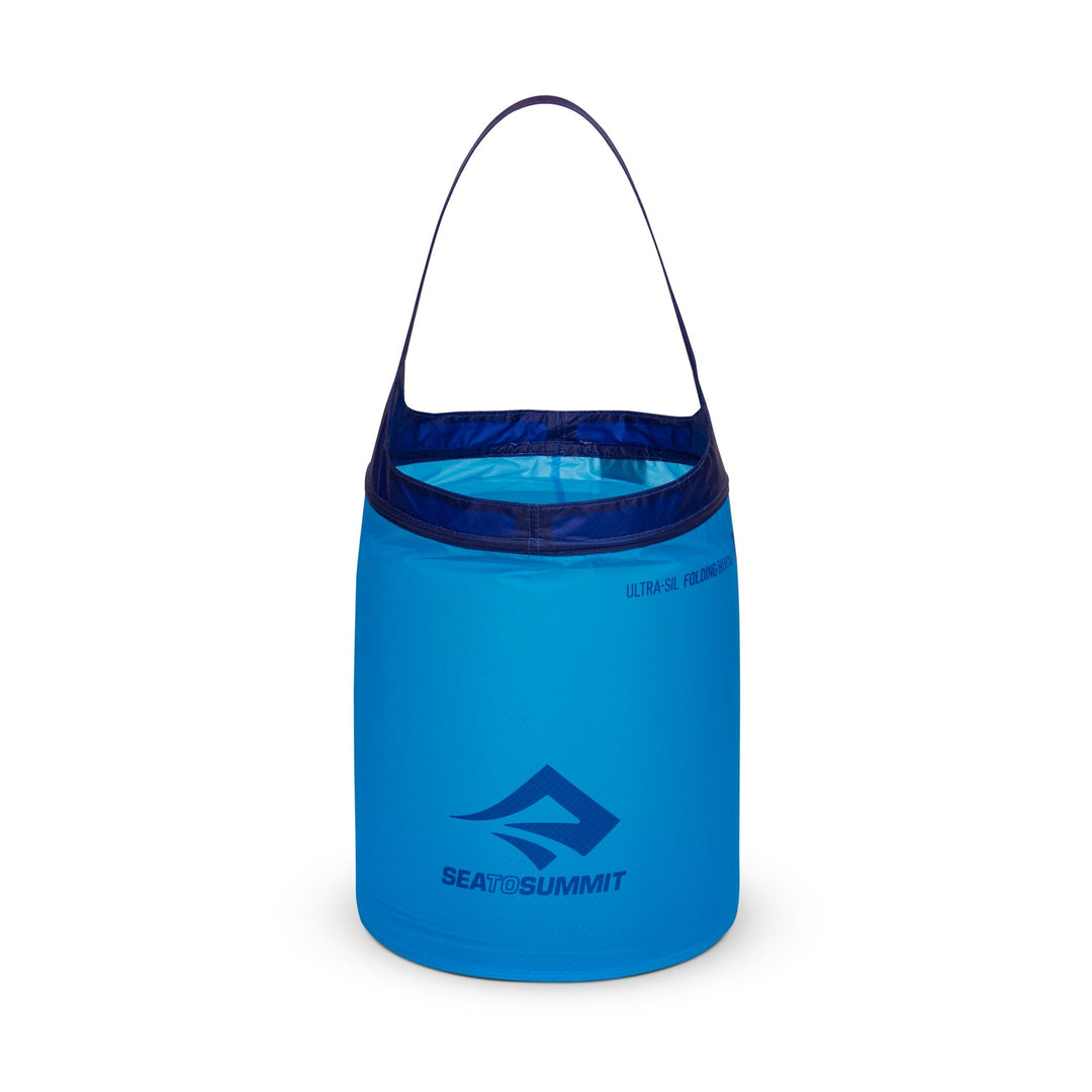 Blue collapsible nylon bucket with Sea to Summit logo on white background