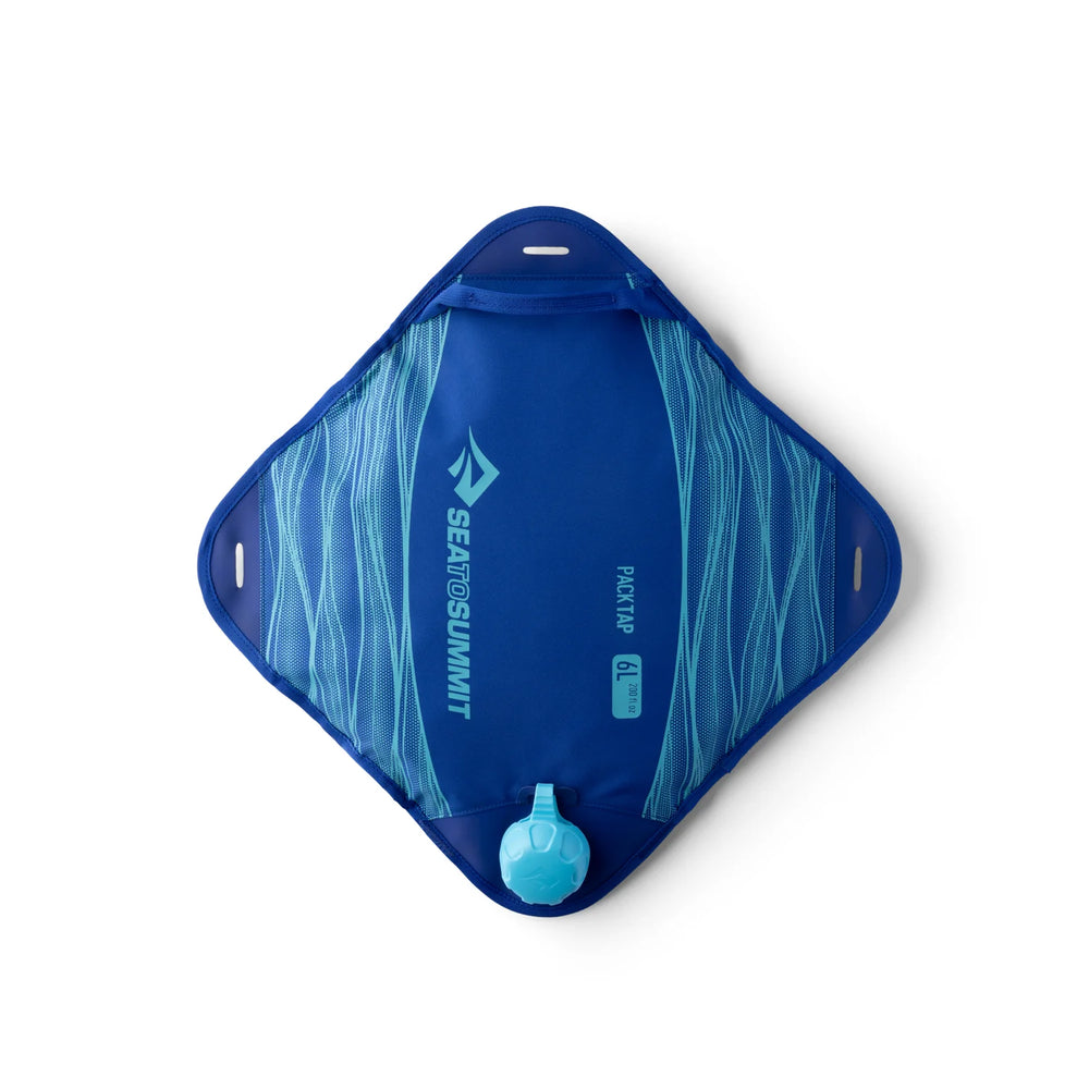 Blue hydration pack with visible brand logo on a white background