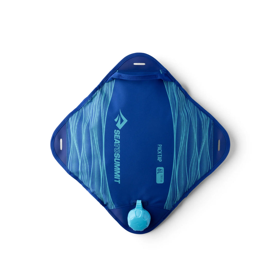 Blue hydration pack with visible brand logo on a white background