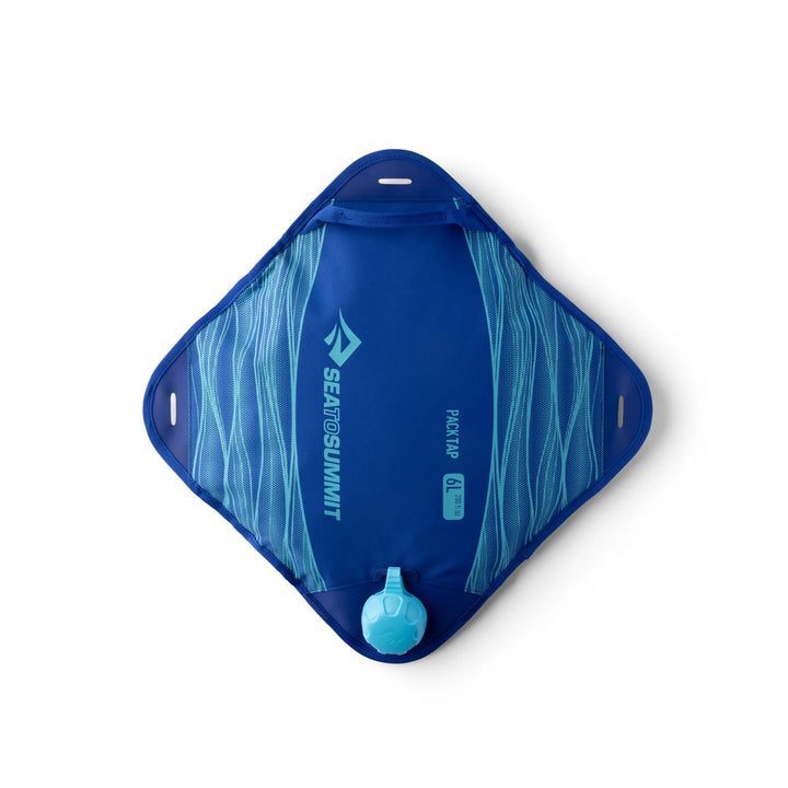 Blue hydration pack with visible brand logo on a white background