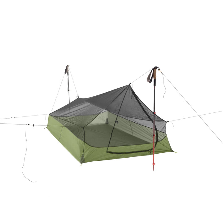 Green and gray mesh camping tent with poles on a white background