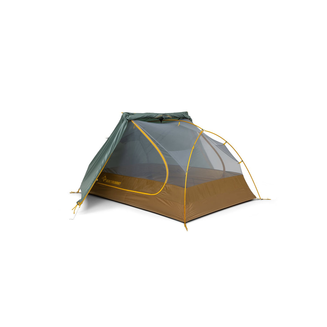 Brown and grey mesh inner tent, partially covered by green fly on a white background.