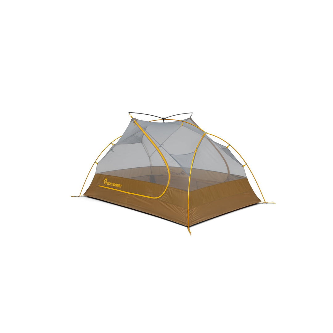 Brown and grey mesh tent inner with yellow poles on a white background.