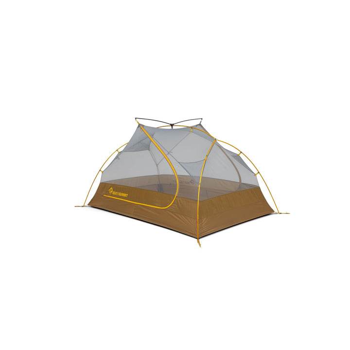 Brown and grey mesh tent inner with yellow poles on a white background.