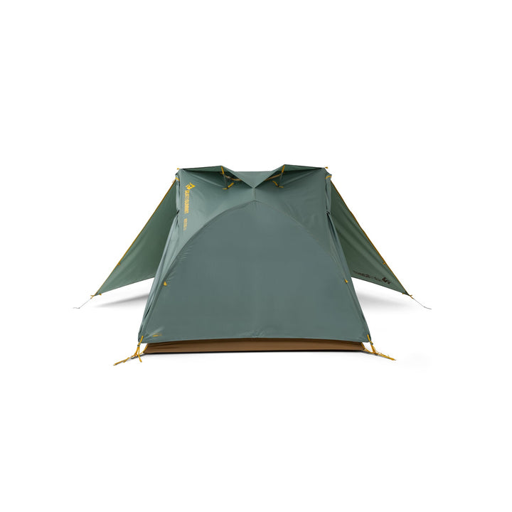 Brown and green tent on a white background.
