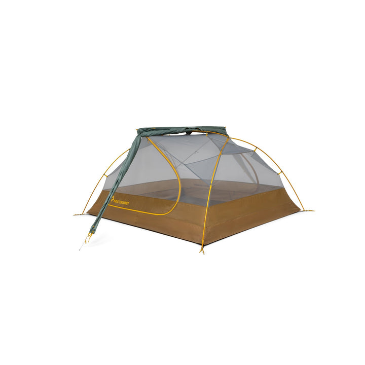 Brown and grey mesh tent inner with rolled up fly along the centre pole on a white background.