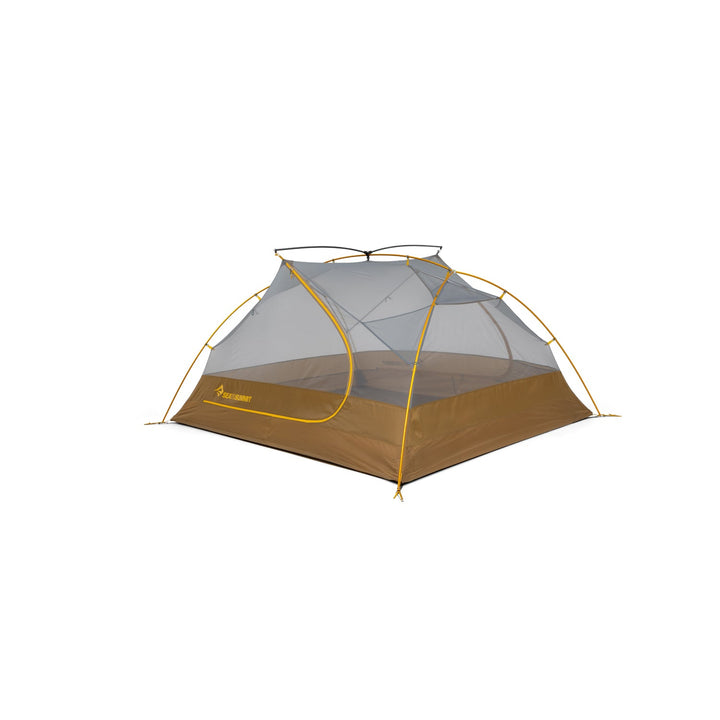 Brown and grey mesh tent inner with yellow poles on a white background.