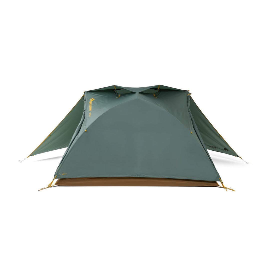 Green and brown tent with open doors on a white background.