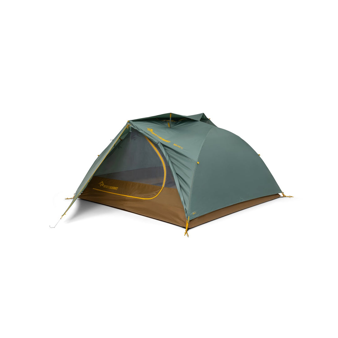 Green and brown tent with open door on a white background.