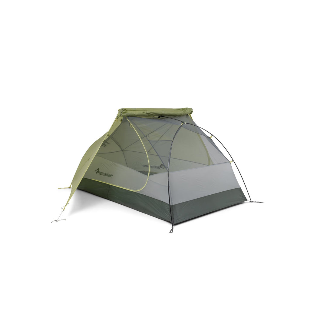 Light grey mesh tent inner with dark grey floor, and green fly covering one side, on white background.
