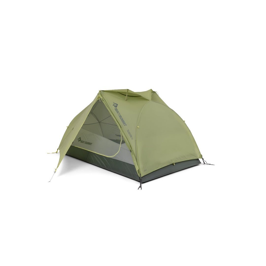 Green and grey tent with open door on a white background.