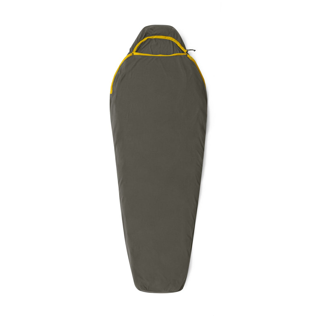 Dark grey sleeping bag liner with yellow accents on a white background