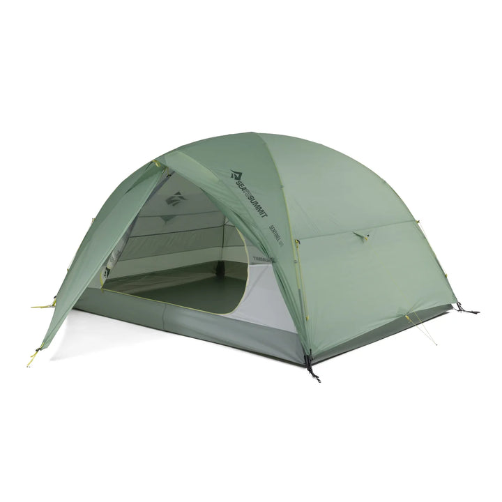 Green camping tent with a brand logo on a white background