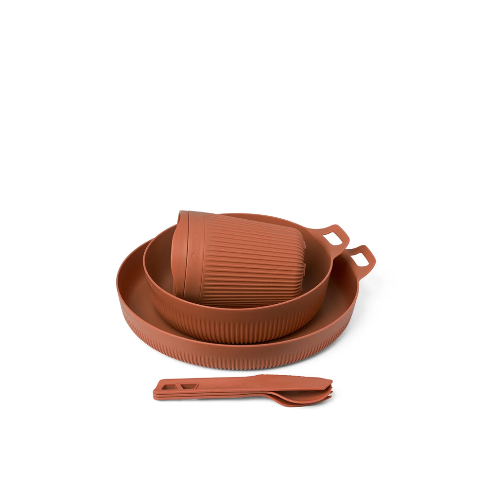 A set of brown camping dishes and cutlery
