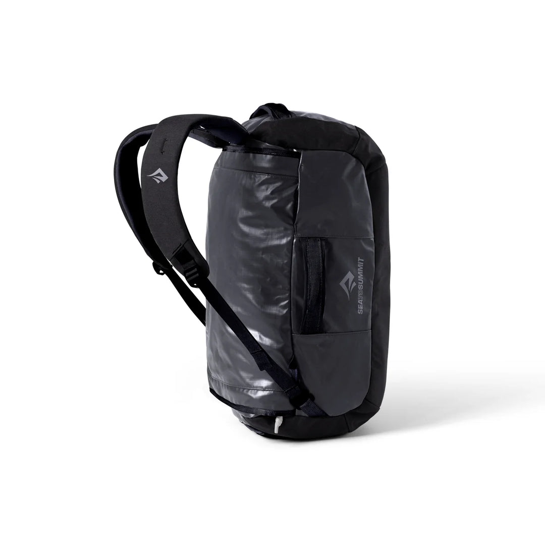 Black backpack with a clear front panel on a white background