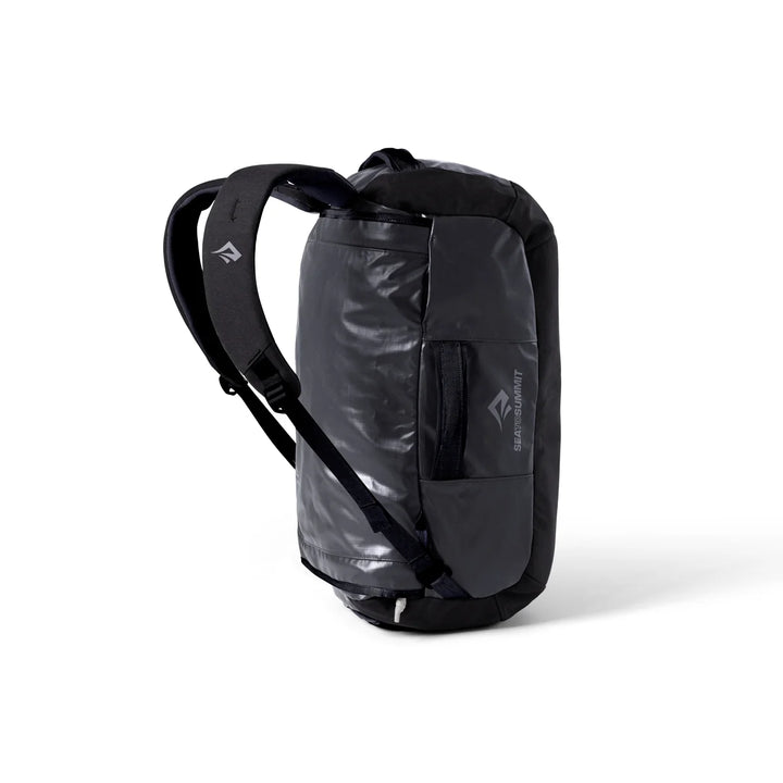 Black backpack with a clear front panel on a white background