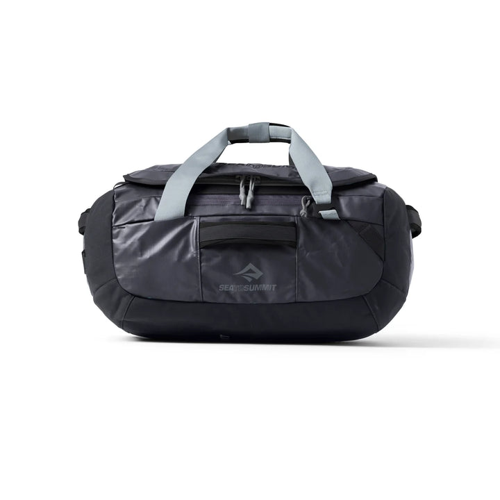 A black Sea to Summit duffel bag with light gray top handles, shown from the front on a clean white background.