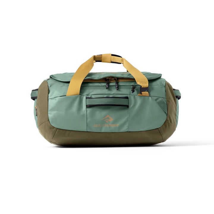 Green and brown duffel bag with a visible brand logo on a white background