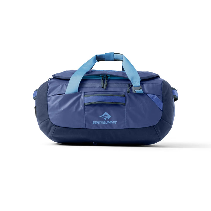 A Sea to Summit duffel bag in navy blue with light blue handles and trim, shown against a plain white background.