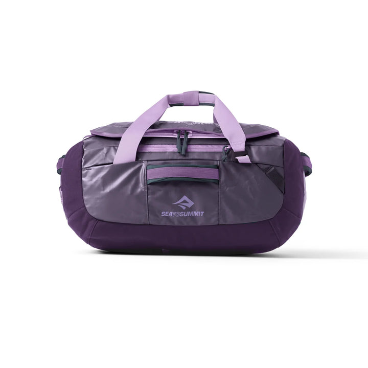 Purple and gray duffel bag with Sea to Summit logo on a white background
