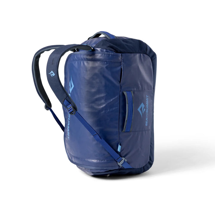 Blue backpack with visible brand logo on a white background