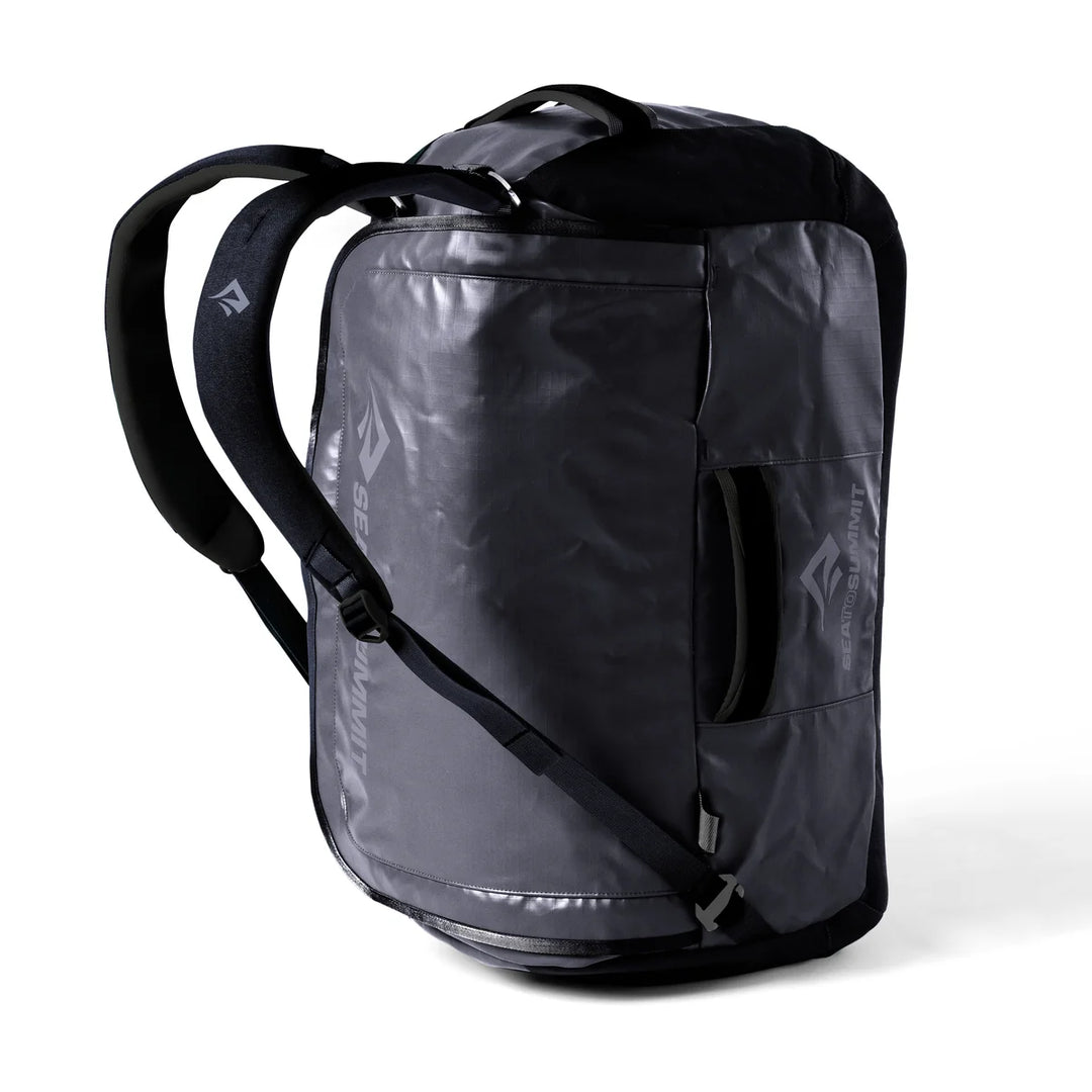 Black backpack with a clear window on a white background