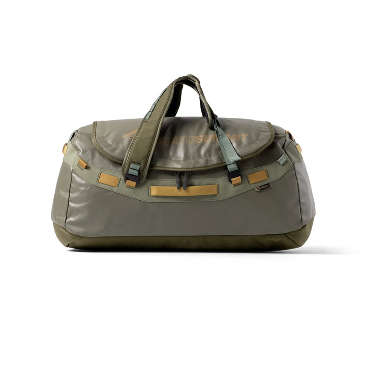 Gray duffel bag with green accents on a white background