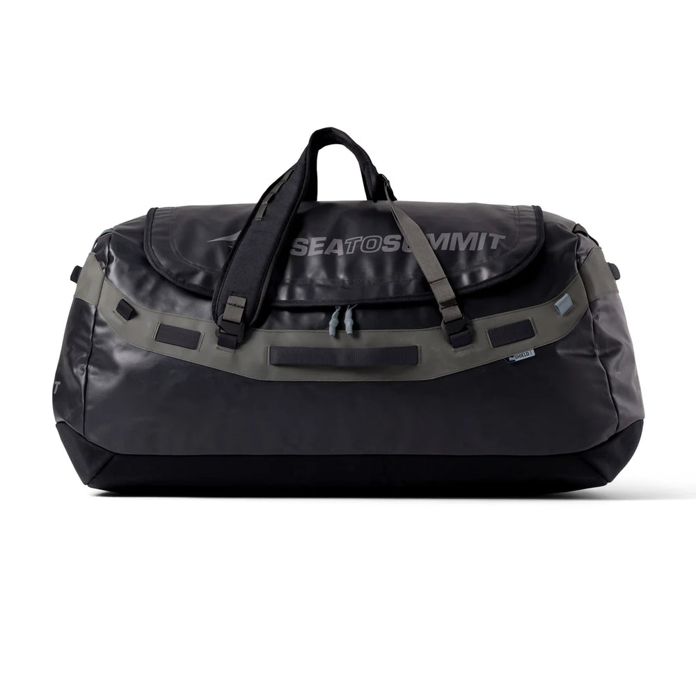 A black Sea to Summit duffel bag with gray webbing straps and a gray logo on the front flap, shown against a plain white background.