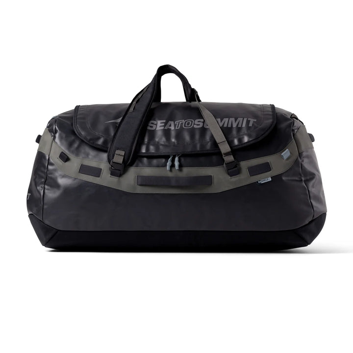 A black Sea to Summit duffel bag with gray webbing straps and a gray logo on the front flap, shown against a plain white background.